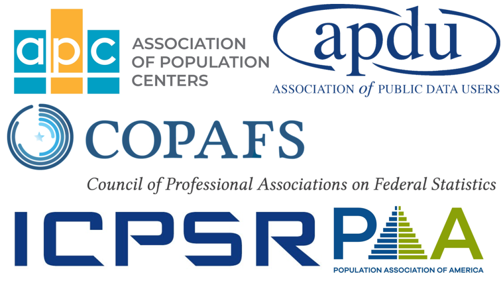 Logos of the following organization: Association of Population Centers, Association of Public Data Users, Council of Professional Associations on Federal Statistics, ICPSR, and Population Association of America.